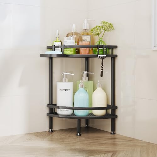 HapiRm Standing Corner Shower Caddy - 2 Tier Shower Organizer Corner with Soap Holder and 2 Hooks, Rustproof Bathroom Storage Shelves with Adhesives, Black - color: Black, size: 2-tier