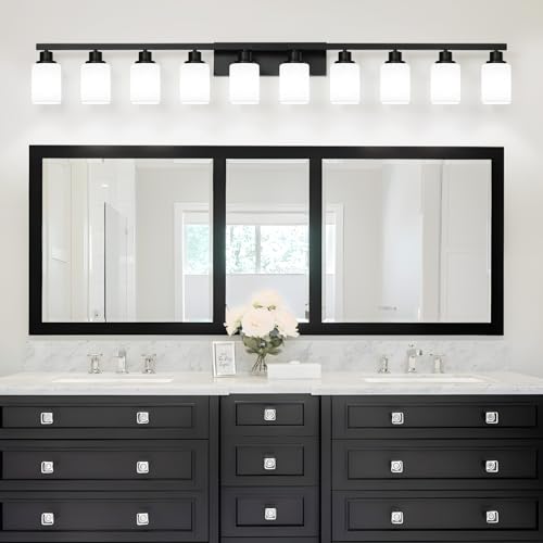 10-Light Bathroom Vanity Light,Modern Matte Black Bathroom Light Fixtures with Square Frosted Glass,64.5in Wall Sconces Over Mirror Restroom,Living Room Hallway E26 - color: Black, size: 10-Light