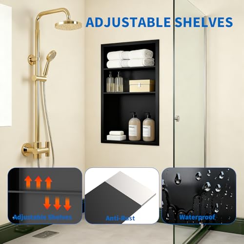 Stainless Steel Recessed Medicine Cabinet Bathroom Medicine Wall Niche Shower Niche Space-Saving Recessed Storage Cabinet Adjustable Shelf Matte Finish (Black, 24" H x 14" W) - color: Black, size: 24"H x 14"W
