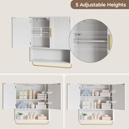 Bathroom Wall Cabinet, Medicine Cabinet with Fluted Door & Adjustable Shelf | Over The Toilet Storage Cabinet with Towel Bar, Space-Saving Cabinet Wall Mount for Laundry Room, Kitchen, Living Room - color: White