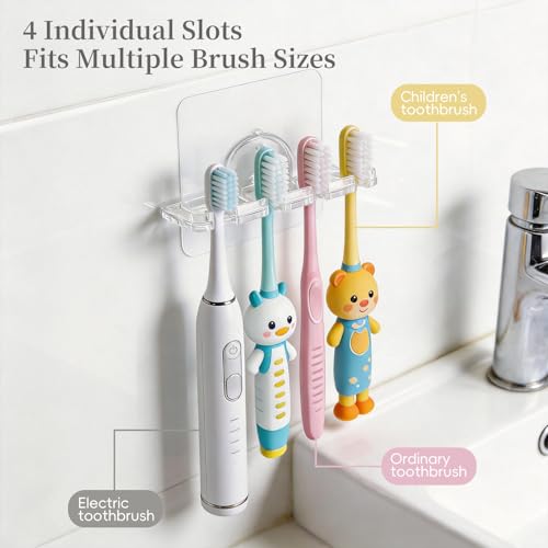 Adhesive Toothbrush Holders 2 Pack,4 Slots for Family, Clear | No Drill Wall Mounted, Holds 4 Replacement Heads or Toothbrushes, Quick Dry, Countertop Saver, For Bathroom & RV