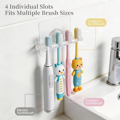 Adhesive Toothbrush Holders 2 Pack,4 Slots for Family, Clear | No Drill Wall Mounted, Holds 4 Replacement Heads or Toothbrushes, Quick Dry, Countertop Saver, For Bathroom & RV