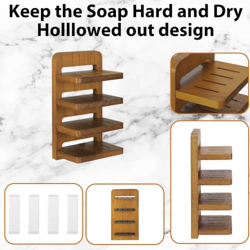 Natural Wood 4-Tier Bar Soap Holder, Tilted Self-draining Wall Mounted Soap Tower Tray with 4 Strong Adhesive Strips, 8.27" x 4.72" x 3.54" Rustic Wooden Soaps Organizer for Shower & Sink