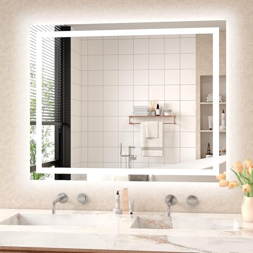 LED Mirror for Bathroom 40x32 Lighted Bathroom Vanity Mirrors with Lights, Brighter Frontlit and Backlit Anti-Fog Mirror, Tempered Glass, Dimmable 3 Colors Light Modes, Memory Function - size: 40"L x 32"W