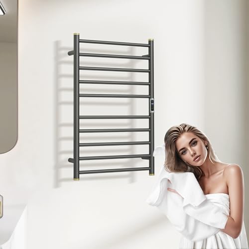 Electric Towel Warmer Rack,Heating Towel Warmer,Timer & Temperature Control,Wall-Mounted Plug-in for Bathroom,Brushed Gungrey,Stainless Steel,10-Bar(31.5x20.08x4.41in) - color: Round-matte Gungrey With Gold Top, size: 10 Bars