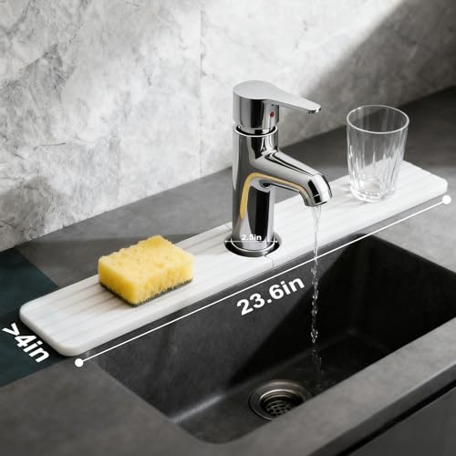Diatomite Stone Faucet Mat for Kitchen Sink, 23.6 Inch Fast Drying Splash Guard, Super Absorbent Sink Tray Caddy for Dish Soap & Sponge, Bathroom Counter Protector & Organizer, White
