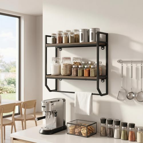 Giantex Bathroom Shelf with Towel Bar, Industrial Wood Wall Mounted Shelves | 2-Tier Over the Toilet Storage Organizer, Metal Floating Shelf with Towel Holder for Bathroom, Kitchen, Living Room, Gray Oak - color: Gray Oak