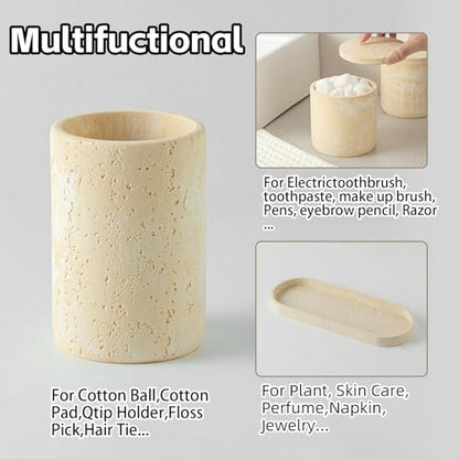 Bathroom Accessories Set, Travertine Stone-Look, 6 PCS, Yellow | Bathroom Accessory Set with Soap Dispenser, Toothbrush Holder, Tumbler, Vanity Tray, Cotton Swab Jars for Countertop - color: Yellow