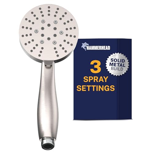 HammerHead Showers® Solid Metal 3-Spray Hand Held Shower Head, Brushed Nickel | Select from Wide, Massage, and Mist Sprays | 2.5 GPM High Flow Handheld Showerhead | Made from 304 Stainless Steel - color: Brushed Nickel, size: 2.5 GPM