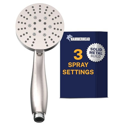 HammerHead Showers® Solid Metal 3-Spray Hand Held Shower Head, Brushed Nickel | Select from Wide, Massage, and Mist Sprays | 2.5 GPM High Flow Handheld Showerhead | Made from 304 Stainless Steel - color: Brushed Nickel, size: 2.5 GPM