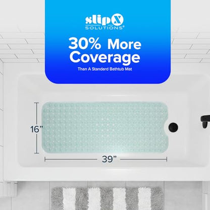 SlipX Solutions 39x16 Extra Long Non Slip Bath Mat, Tub & Shower, Lt Green | Anti Slip Mat for Elderly & Kids Bathroom, 30% More Coverage, 200 Suction Cups, Hundreds of Drain Holes - color: Translucent Light Green