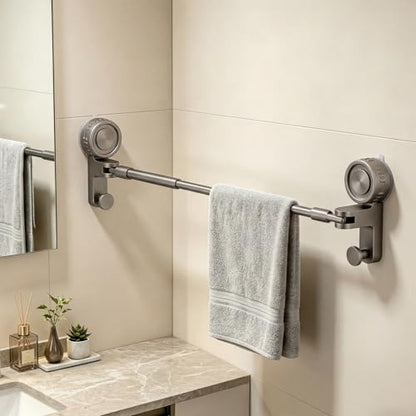 Adjustable Suction Cup Towel Bar, Grey, 20-34", 1-Tier | Extendable Carbon Steel Towel Racks, Space Saving, Bath Towel Holder with Hooks, No-Drill Mounted, For Bathroom Wall