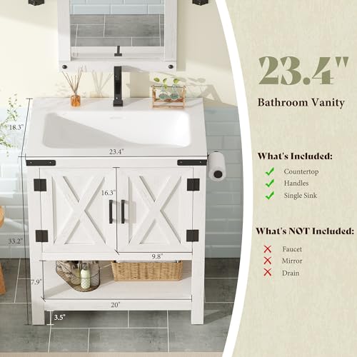 AMERLIFE 24" White Farmhouse Bathroom Vanity with Sink and Open Shelf | Antique White, Single Solid White Integrated Top, Moisture-Resistant MDF, Barn Doors, Open Shelf, Paper Towel Holder - color: Antique White, size: 24“
