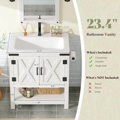 AMERLIFE 24" White Farmhouse Bathroom Vanity with Sink and Open Shelf | Antique White, Single Solid White Integrated Top, Moisture-Resistant MDF, Barn Doors, Open Shelf, Paper Towel Holder - color: Antique White, size: 24“