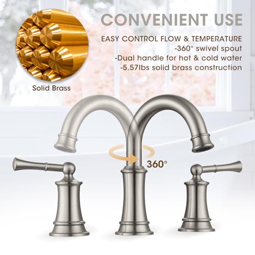 Classic Brushed Nickel Bathroom Faucet,Bathroom Sink Faucet | 360° Rotatable Spout, 2 Handles, 3 Hole Widespread, Pop Up Drain & Supply Lines Included, Antique Style (L2304-BN) - color: Nickel
