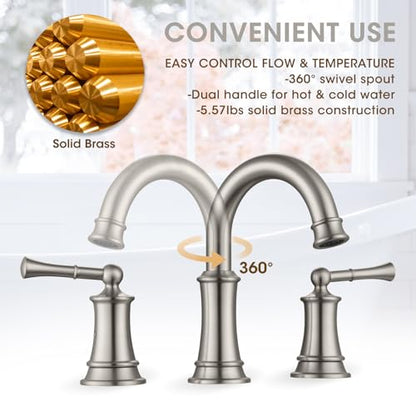 Classic Brushed Nickel Bathroom Faucet,Bathroom Sink Faucet | 360° Rotatable Spout, 2 Handles, 3 Hole Widespread, Pop Up Drain & Supply Lines Included, Antique Style (L2304-BN) - color: Nickel