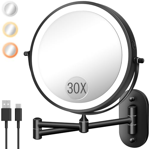 30X/1X 8 Inch Wall Mounted Magnifying Makeup Mirror with Light for Bathroom | 3000mAh Double Sided Rechargeable LED Lighted Vanity Mirror with Magnification 3 Color Light up Extended Arm 360 Rotation - color: 8inches-black