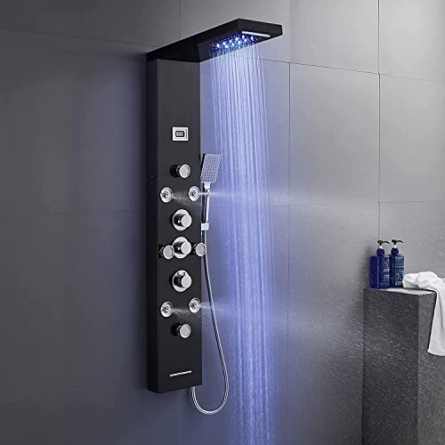 POPFLY 6 In 1 LED Shower Panel Tower System, 8 Body Massage Jets, 304 Stainless Steel Wall Mount Rainfall ＆ Waterfall Shower Column Towers with Temperature Display, Tub Spout, Black - color: 8 Jets-Black