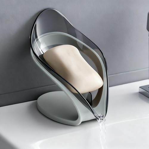 Leaf-Shaped Soap Dish – Premium Soap Bar Holder with Self-Drainage System – Bar Soap Holder for Shower, Bathroom Sink, Kitchen – Waterfall Soap Dish with Stand - color: Grey