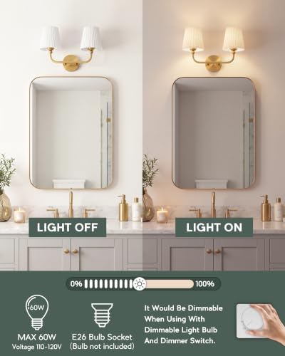 2-Light Brushed Gold Bathroom Vanity Light, Pleated Fabric Shade | 17" 2-light gold double wall sconce with white pleated fabric shades, E26 bulbs, hardwired, upward only, VL837-BG-Z-2 - color: Brushed Gold, White Pleated Shade, size: 2-light