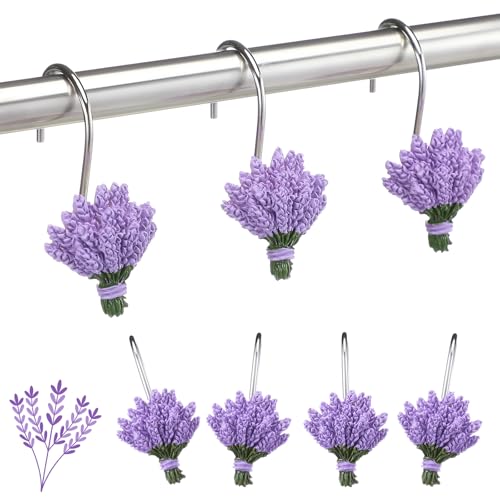 12 Pcs Lavender Shower Curtain Hooks Purple Floral Decorative Hooks Rings Bulk Cute Hanger Stainless Steel Resin Spring Flower Themed Shower Hook for Bathroom Bedroom Home Living Room Decor - style: Lavender