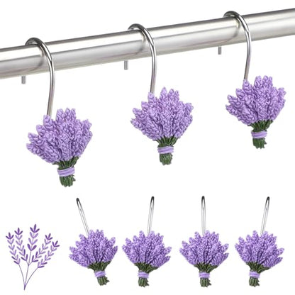 12 Pcs Lavender Shower Curtain Hooks Purple Floral Decorative Hooks Rings Bulk Cute Hanger Stainless Steel Resin Spring Flower Themed Shower Hook for Bathroom Bedroom Home Living Room Decor - style: Lavender
