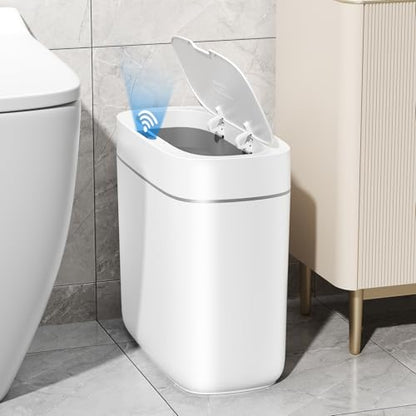 JUDRDO 3.5 Gal Slim Touchless Bathroom Trash Can, Automatic Diaper Pail | Motion sensor opening, automatic liner suction, slim profile for bathrooms, bedrooms, offices, kitchens and nurseries - color: White