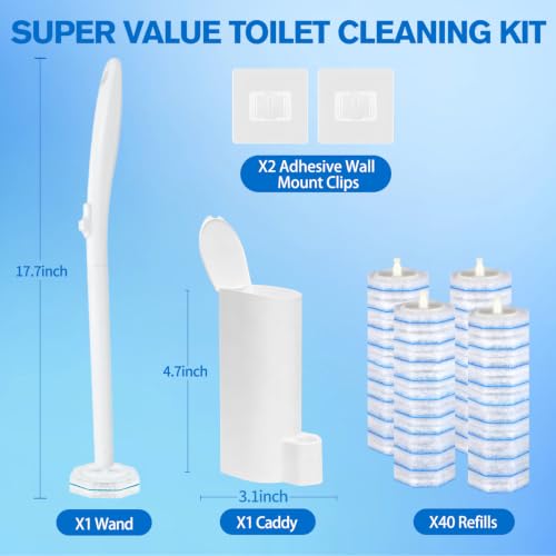 Disposable Toilet Brush and Holder Set with 40 Brush Heads, Wand & Caddy | Pre-filled Toilet Bowl Cleaner, 5X Cleaning Power, Firm & No Dropping, Wall-Mountable, Touch-Free, Toilet Cleaning Kit - size: Starter Kit+40 Refill Heads
