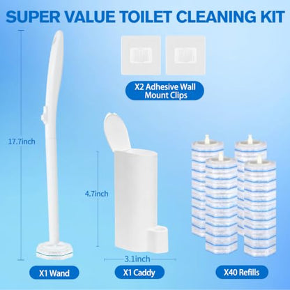 Disposable Toilet Brush and Holder Set with 40 Brush Heads, Wand & Caddy | Pre-filled Toilet Bowl Cleaner, 5X Cleaning Power, Firm & No Dropping, Wall-Mountable, Touch-Free, Toilet Cleaning Kit - size: Starter Kit+40 Refill Heads