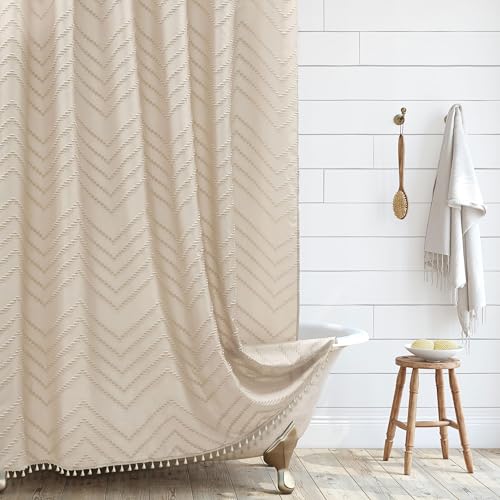Siiluminisoy Extra Long Beige Boho Shower Curtain with Tassel, Woven Fabric 90 in, Tufted Chevron Striped, 72 x 90, Modern Chic Textured Minimalist Bathroom - color: A Beige, size: 72"W x 90"L (Pack of 1)