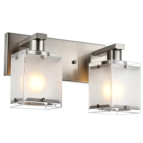 2-Lights Wall Sconce Lighting, Brushed Nickel Bathroom Vanity Light Fixture with Rectangular Frosted Glass for Over Mirror, E26 Bulb Base - color: Brushed Nickel, Frosted Glass, size: 2-Lights