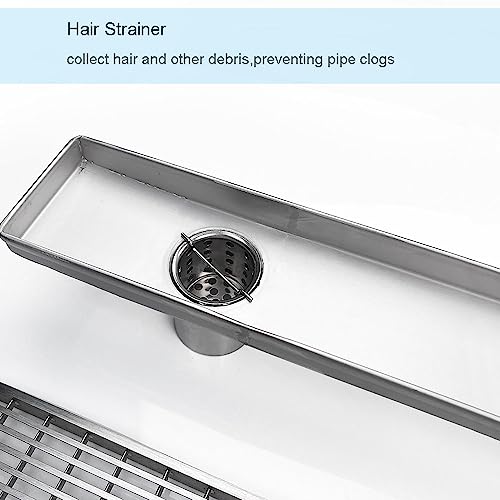 Akitbahome 36-inch Offset Side Outlet Linear Shower Drain with Grate Cover,Brushed Stainless Steel Rectangle Shower Floor Drain with Adjustable Leveling Feet