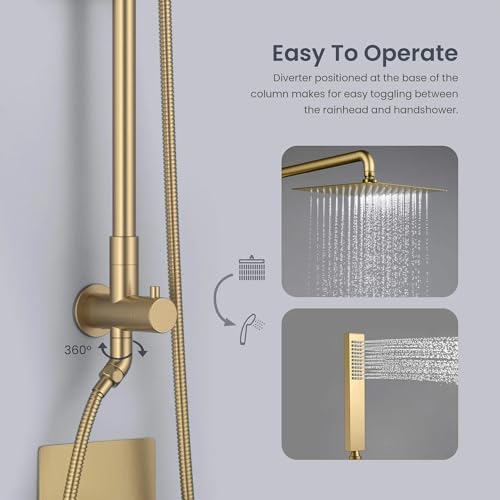 KIBI Cube 2-Function Wall Mounted Rain Shower Column | Bathroom Shower Faucet System with Solid Brass Rough-In Valve, 10" Rain Shower Head | Easy Temperature Control (Brushed Brass, KSC404) - color: Brushed Brass
