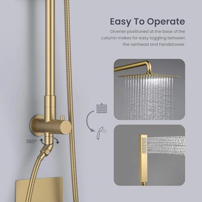 KIBI Cube 2-Function Wall Mounted Rain Shower Column | Bathroom Shower Faucet System with Solid Brass Rough-In Valve, 10" Rain Shower Head | Easy Temperature Control (Brushed Brass, KSC404) - color: Brushed Brass