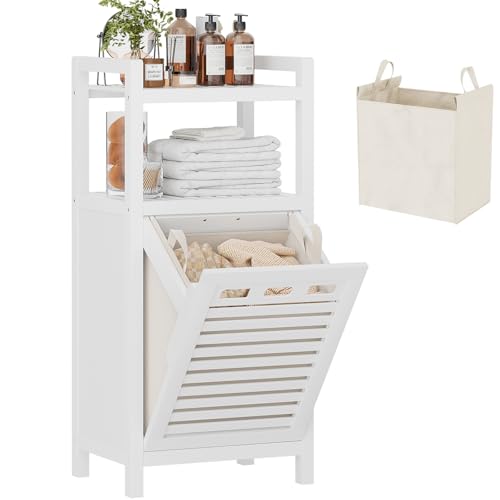 Tilt Out Laundry Hamper, 10 Gal Bamboo Laundry Storage Cabinet with Removable Basket, Hidden Hamper Organizer with Shelf for Dirty Clothes, Bathroom, Laundry Room, Space Saving, White - color: White, size: Standard