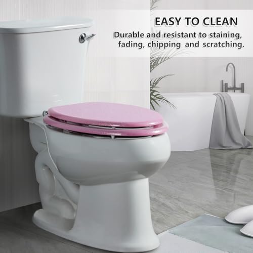 Angol Shiold Glitter Toilet Seat Molded Wood Elongated Toilet Seat with Quietly Close and Quick Release Hinges, Easy to Clean also Easy to Install (Elongated 18.5'', Pink) - color: Pink, size: Elongated 18.5‘’