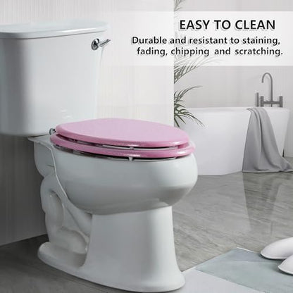 Angol Shiold Glitter Toilet Seat Molded Wood Elongated Toilet Seat with Quietly Close and Quick Release Hinges, Easy to Clean also Easy to Install (Elongated 18.5'', Pink) - color: Pink, size: Elongated 18.5‘’