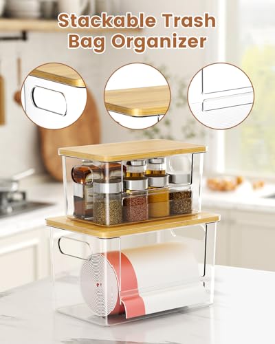 Trash Bag Dispenser 2-Pack, Stackable Trash Bag Holder with Bamboo Lid – Clear Plastic Garbage Bag Organizer for 13/30/33 Gal Bags, Space-Saving Under Sink Organizer for Kitchen, Laundry, Pantry - size: XL+XL