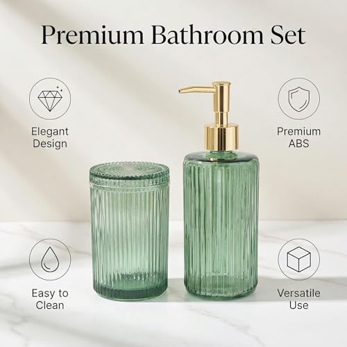 New Hensoar 3 Pcs Green Bathroom Accessories Set, Glass Bathroom Set | Bathroom Soap Dispenser, Toothbrush Holder Set, Jewelry Tray, Crystal Modern Bathroom Decor, Housewarming Gift Set - style: 3 pcsGreen