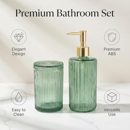 New Hensoar 3 Pcs Green Bathroom Accessories Set, Glass Bathroom Set | Bathroom Soap Dispenser, Toothbrush Holder Set, Jewelry Tray, Crystal Modern Bathroom Decor, Housewarming Gift Set - style: 3 pcsGreen
