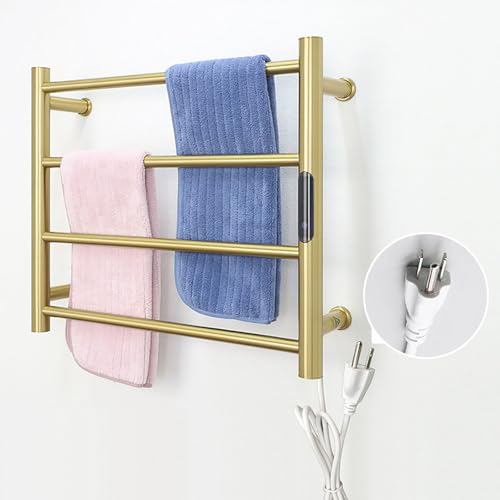 Heated Towel Rack Gold, 4 Bars Towel Warmer Rack for Bathroom Wall Mounted, Timer & Temperature Control Electric Towel Drying Rack (4 Bars Brushed Gold D, Plug-in) - color: 4 Bars Brushed Gold D, size: Plug-in