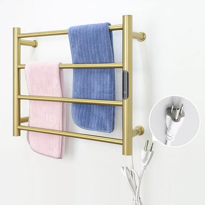 Heated Towel Rack Gold, 4 Bars Towel Warmer Rack for Bathroom Wall Mounted, Timer & Temperature Control Electric Towel Drying Rack (4 Bars Brushed Gold D, Plug-in) - color: 4 Bars Brushed Gold D, size: Plug-in