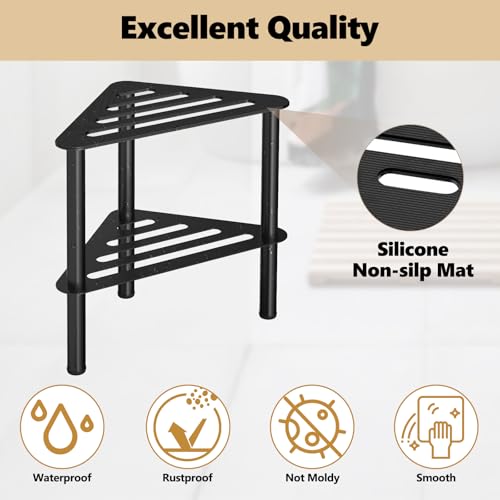 Corner Shower Foot Stool for Shaving Legs, Rust-Proof Non-Slip with Storage | Black Light Metal Shower Foot Rest Bench, Waterproof Double Layer Bathroom Small Step Stools, Spa Foot Step for Inside Shower
