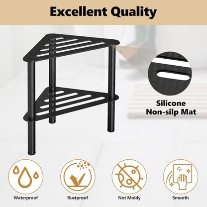 Corner Shower Foot Stool for Shaving Legs, Rust-Proof Non-Slip with Storage | Black Light Metal Shower Foot Rest Bench, Waterproof Double Layer Bathroom Small Step Stools, Spa Foot Step for Inside Shower