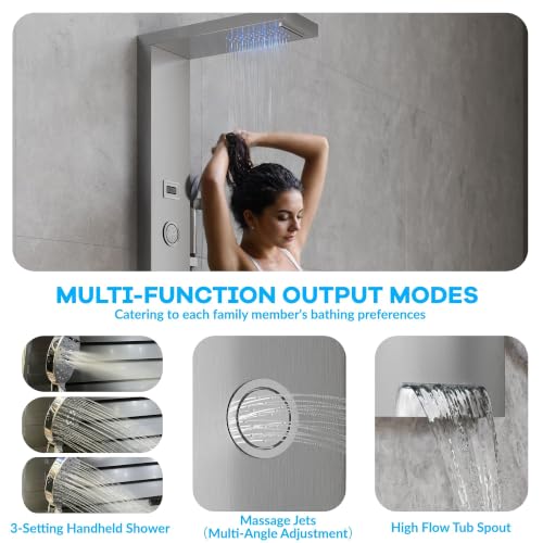Garvee Shower Panel Tower 6-Function LED Rainfall Body Jets SS Brushed Nickel