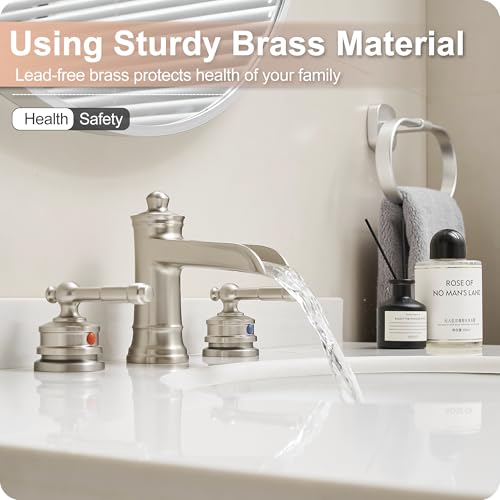 Waterfall Bathroom Faucet Matte Brushed Nickel, Brass 3 Hole Faucet Bathroom Sink Faucet Widespread 4-16 Inch Faucet for Bathroom Sink, 2 Handle Bathroom Faucets with Pop-up Drain & Water Hoses - color: Matte Brushed Nickel - Classic