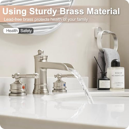 Waterfall Bathroom Faucet Matte Brushed Nickel, Brass 3 Hole Faucet Bathroom Sink Faucet Widespread 4-16 Inch Faucet for Bathroom Sink, 2 Handle Bathroom Faucets with Pop-up Drain & Water Hoses - color: Matte Brushed Nickel - Classic