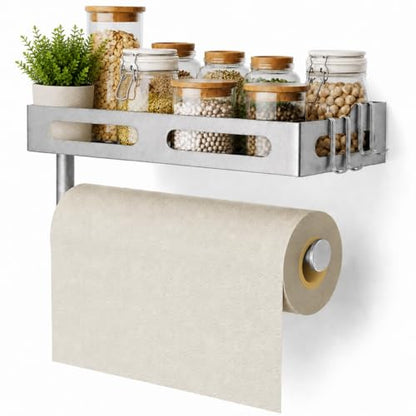 Silver Paper Towel Holder Wall Mount with Shelf, Easy One Hand Tear, Adhesive Glue or Drill Mount Hanging Paper Towel Holder with Shelf for Kitchen/Bathroom/RV, Metal, 4 Hooks - color: Silver