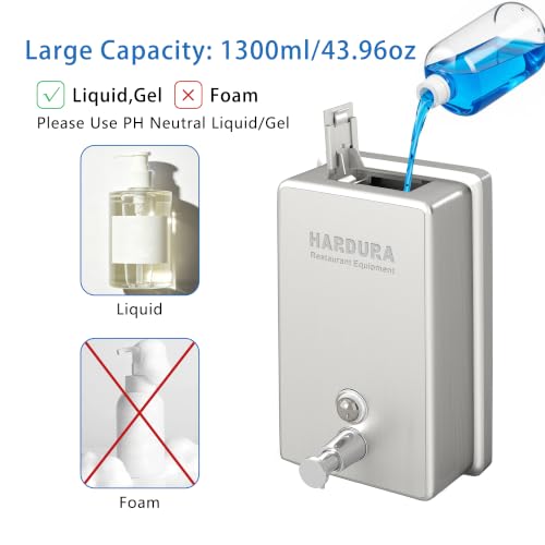 HARDURA Commercial Soap Dispenser Wall Mount Stainless Steel | Vertical, Manual Liquid Pump, Rust-Proof, Leak Free for Bathroom, 43.96oz (1300ml)