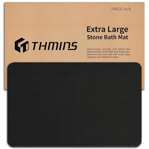 THMINS Black Stone Bath Mat, 24''x16'' Stone Shower Mat | Diatomite Stone Bath Mat, Super Absorbent, Quick-Drying, Non-Slip, and Easy to Clean for Bathroom - color: Black, size: 23.6x15.4''